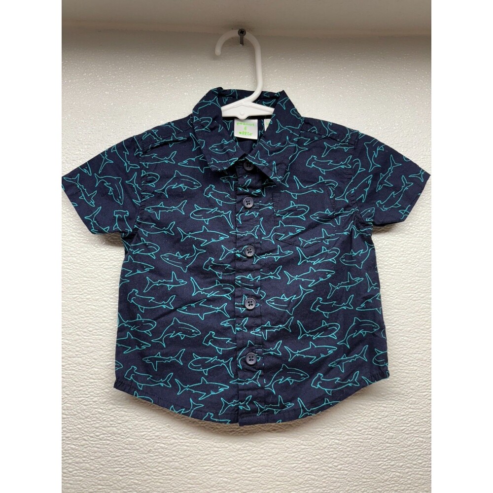 Peanut & Ollie Boys Short Sleeve Shark-Print Shirt Button Down Size: 6/9 M